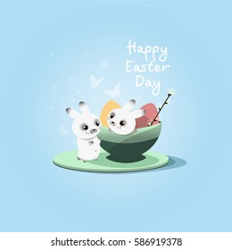 Happy Easter Day. Bunnies. Painted eggs, holiday greetings.
