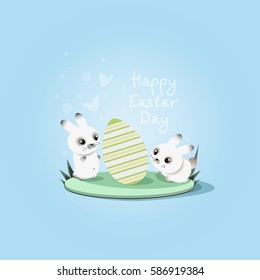 Happy Easter Day. Bunnies. Painted egg, holiday greetings.
