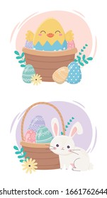 happy easter day, bunny chicken basket eggs flowers foliage cartoon vector illustration