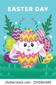 happy easter day, with a bunny in an egg and some beautiful flowers