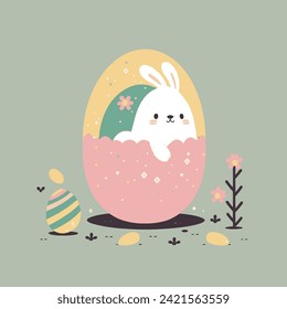 happy easter day, a bunny with egg for easter day, pink and green color