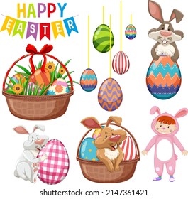 Feliz Día de Pascua con conejito e ilustración de huevos