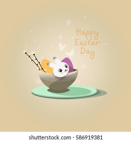 Happy Easter Day. Bunny. Painted eggs, holiday greetings.