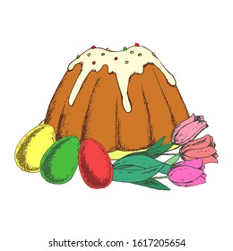 Happy Easter Day. Easter cake and easter painted eggs, tulips isolated on white background. Hand Drawn vector illustration.