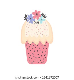 Happy Easter Day. Easter cake, sweet bread or Paska isolated on white background. Hand drawn vector illustration. Food icon. Sweet pastries or cake. Traditional Orthodox and Catholic food. Doodle