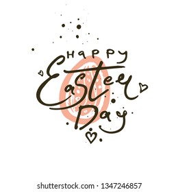 Happy Easter Day. Calligraphy logo hand drawn with ink brush. Vector template with gift easter egg and splattered black ink drops. Flat design souvenir egg and handwritten wish phrase.
