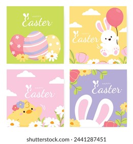 Happy Easter Day card background vector. Cute animal cover set of lovely white rabbit, easter eggs, bunny, flower, leaf, yellow chick. Spring holiday illustration for banner, greeting card, flyer.