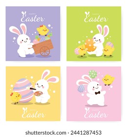 Happy Easter Day card background vector. Cute animal cover set of lovely white rabbit, easter eggs, bunny, flower, leaf, yellow chick. Spring holiday illustration for banner, greeting card, flyer.