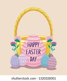 happy easter day card with basket wicker and eggs