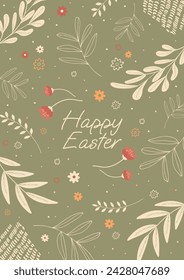 Happy Easter Day card. Botanical flat spring flowers and leaves. Greeting Card, Banner, Flyer, Invitation template. Vector