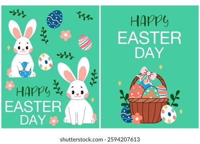 Happy Easter day card with bunnies, basket, flowers, easter eggs on green background. Cartoon isolated vector illustration.	