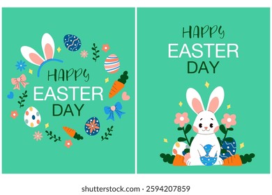 Happy Easter day card with bunnies, basket, flowers, easter eggs on green background. Cartoon isolated vector illustration.	