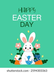 Happy Easter day card with bunnies, carrot, flowers, easter eggs on green background. Cartoon isolated vector illustration.	
