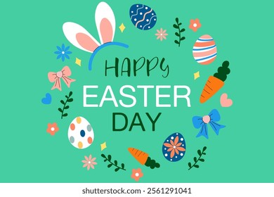 Happy easter day card with bunny ears, eggs and flowers. Flat vector illustrations.