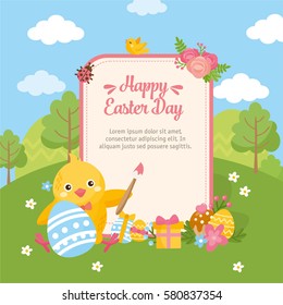 Happy Easter Day card. Chicken with easter eggs on the spring landscape. Creative frame template.