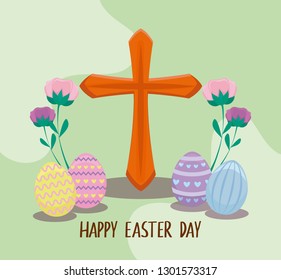 happy easter day card with cross and eggs