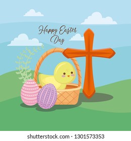 happy easter day card with cute chicken and eggs