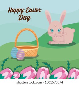 happy easter day card with cute rabbit and landscape