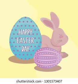 happy easter day card with cute rabbit and eggs