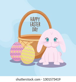 happy easter day card with cute rabbit and eggs