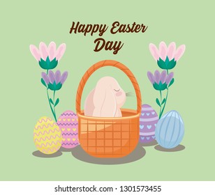 happy easter day card with cute rabbit and eggs