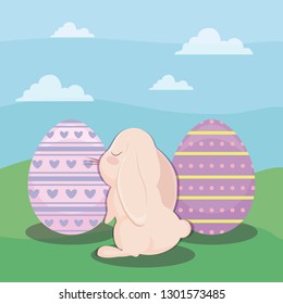 happy easter day card with cute rabbit and eggs