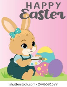 Happy Easter day card with cute bunny coloring eggs.