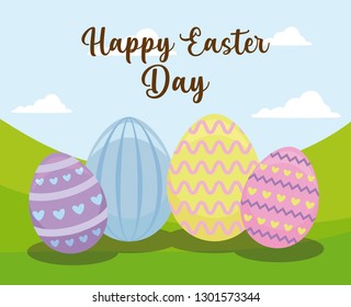 happy easter day card with decorated eggs