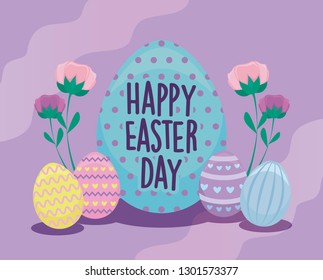 happy easter day card with decorated eggs
