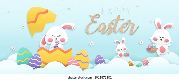 Feliz día de Pascua diseño color pastel fondo de papel pintado estilo de arte con tres conejitas de cesta y huevos vectorial ilustración.