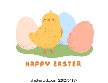 Happy Easter Day, card design with cute funny chicken and colored dyed eggs. Spring holiday postcard with baby bird, yellow chick. Flat vector illustration isolated on white background