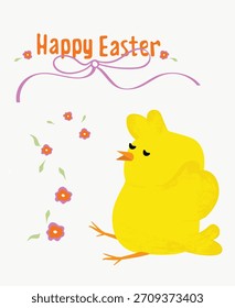 Happy Easter Day, card design with cute funny chicken . Spring holiday postcard with baby bird, yellow chick. Flat vector illustration isolated on white.