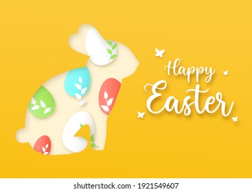 Happy easter day card design,Vector layered paper cut ,Cute rabbit with colorful easter eggs.