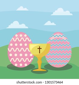 happy easter day card with eggs and chalice
