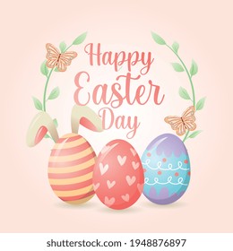 happy easter day card with eggs and rabbits. vector illustration