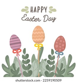 Happy Easter day card with eggs with prints. Eggs hunt. For Easter decoration, printing, gifts, web page. Cute amazing design. Easter greetings.
