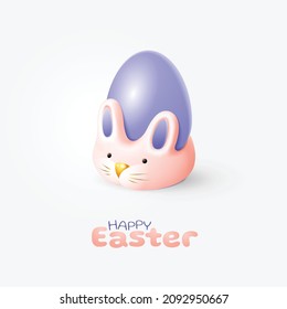 Happy Easter day card. Festive background design with realistic egg and easter bunny. Purple egg in a pink volumetric rabbit. Creative holiday composition in trending color very peri. Banner, flyer
