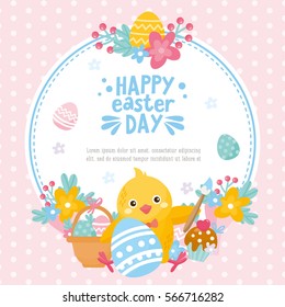 Happy Easter Day card. Illustration with easter eggs, little chicken, spring bouquet and holiday elements. Creative frame for your design.