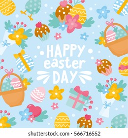 Happy Easter Day card. Illustration with easter eggs, spring bouquet, Easter cakes and other holiday elements. Creative frame for your design.