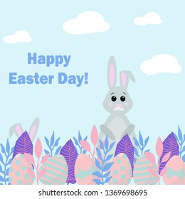 Happy easter day card. Nice vector illustration with bunnies hunting for eggs. 