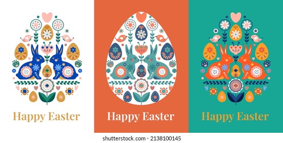 Happy Easter day card postcard with rabbit egg flowers