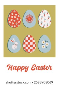 Happy Easter day card or poster with ornate eggs. Retro style holiday banner. Easter print with cute bunny and flowers. Abstract background. Flat design vector illustration.