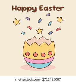 Tarjeta de feliz día de Pascua imprimible. Colorido huevo de Pascua agrietándose abierto con confeti y estrellas estallando Vector Clipart. Vector de huevo de Pascua. Huevo de Pascua colorido aislado en el Vector del fondo blanco.