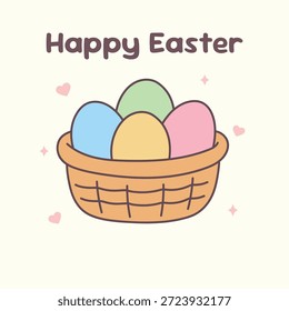 Happy Easter Day Card Printable. Easter Basket Filled with Colorful Decorated Eggs Clipart Isolated on White Background Vector. Easter Basket Filled with Colorful Decorated Eggs.