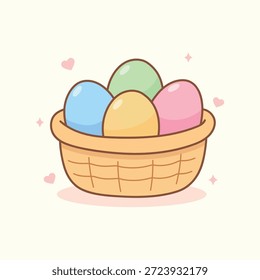 Happy Easter Day Card Printable. Easter Basket Filled with Colorful Decorated Eggs Clipart Isolated on White Background Vector. Easter Basket Filled with Colorful Decorated Eggs.