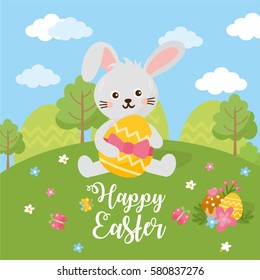 Happy Easter Day card. Rabbit with easter eggs, sunny spring landscape and green meadow. 