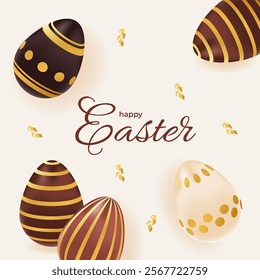 Happy Easter day card with realistic chocolate golden eggs. Holiday greeting poster. Spring vector illustration. Design for banner, flyer, social media, brochure, presentation, invitation