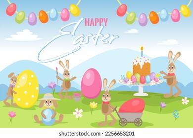 Happy Easter Day card tamplate. Rabbit with easter eggs, easter cake, sunny spring landscape and green meadow. Flat vector illustration