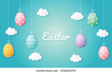 happy easter day card, template and banner on blue background. paper art style. vector Illustration.