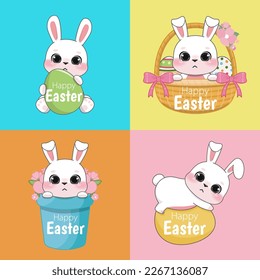 Happy Easter Day Card Template with Set of cute rabbits. Cute Bunny holding Easter eggs, sitting in Easter eggs basket and sitting in spring flower pot cartoon characters vector